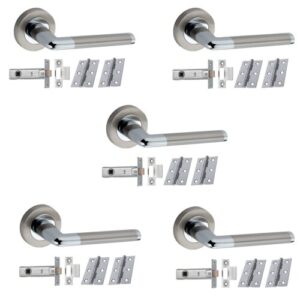 5 Set of Straight Oval Lever Door Handle Set - Dual Tone - Latch & Hinges Pack Interior Use New