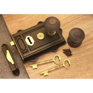 (Beehive 50mm Aged Bronze) Vintage Style Door Knob Set Antique Cast Iron Brass Davenport Door Rim Sash Lock