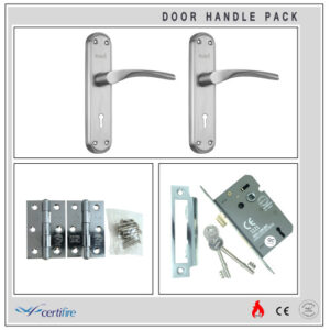 Certifire Internal Shaped Stainless Steel Door Lever Handle Lock Pack & Hinges