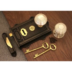 (Cottage Small) Nickel Door Knob Set - Antique Cast Iron / Brass Davenport Door Rim Sash Lock