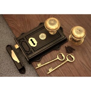 (Cottage Small) Period Door Knob Set Antique Cast Iron/Brass Davenport Door Rim Lock (5 Choices)
