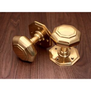 Heavy Cast Solid Brass Pair of Octagonal Mortice Door Knob Set Polished Brass