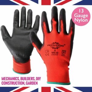 (Small) PU COATED WORK GLOVES BLACK RED Mechanics Builders Construction DIY